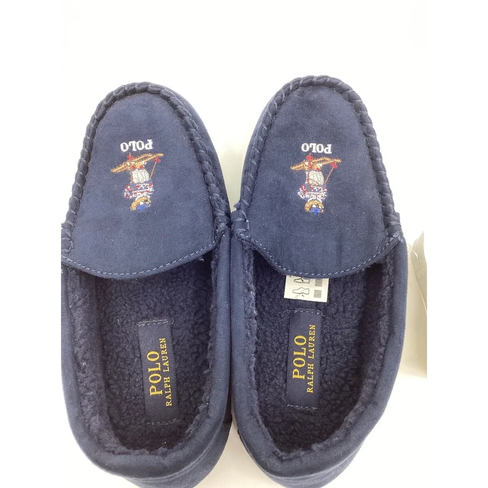 Polo Ralph Lauren Mens Navy Blue Skiing Polo Bear Moccasin Slippers Size 6 NEW
